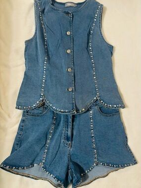 Blue B Denim Sleeveless Top & Jean Shorts Set - Blue